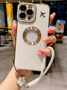 Phone Charm Airplane Pattern Hollow Out Phone Case With Lanyard Compatible With IPhone 15/15Pro/15Plus/15Promax - Beige - View 1