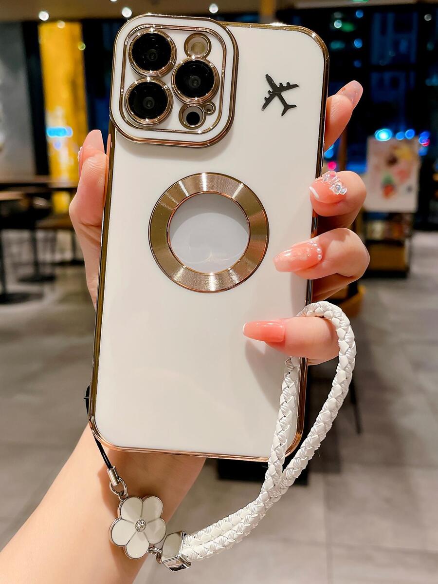 Phone Charm Airplane Pattern Hollow Out Phone Case With Lanyard Compatible With IPhone 15/15Pro/15Plus/15Promax - Beige - View 1