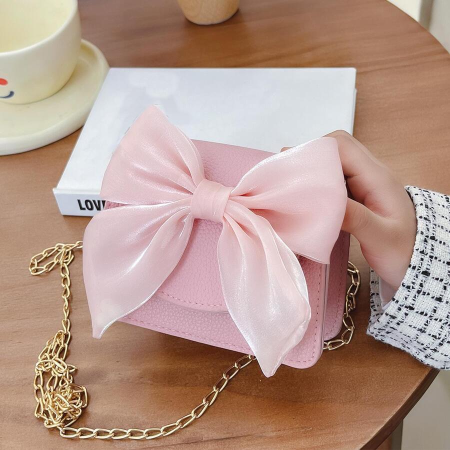 Cute Bow Children's Shoulder Bag Simple Girls PU Leather Small Coin Purse Crossbody Bags Solid Color Kids Handbags Messenger Bags - Pink - View 1