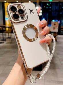 Phone Charm Airplane Pattern Hollow Out Phone Case With Lanyard Compatible With IPhone 15/15Pro/15Plus/15Promax - Beige - View 4