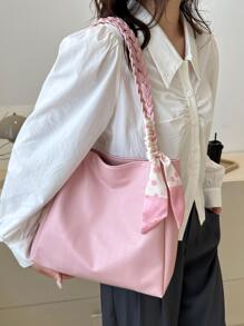 Solid Color Minimalist Large Capacity Braided Straw Shoulder Bag, Lightweight Campus Style Sequin Woven Shoulder Bag - Pink - View 4