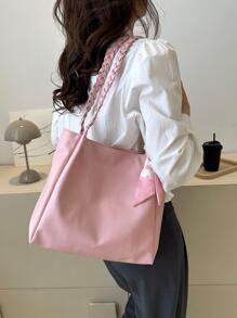 Solid Color Minimalist Large Capacity Braided Straw Shoulder Bag, Lightweight Campus Style Sequin Woven Shoulder Bag - Pink - View 5