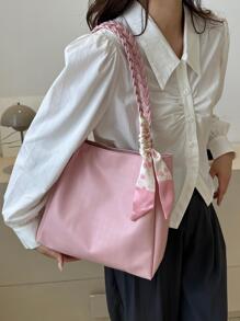 Solid Color Minimalist Large Capacity Braided Straw Shoulder Bag, Lightweight Campus Style Sequin Woven Shoulder Bag - Pink - View 6