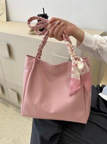 Solid Color Minimalist Large Capacity Braided Straw Shoulder Bag, Lightweight Campus Style Sequin Woven Shoulder Bag - Pink - View 3