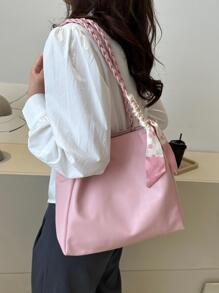 Solid Color Minimalist Large Capacity Braided Straw Shoulder Bag, Lightweight Campus Style Sequin Woven Shoulder Bag - Pink - View 7