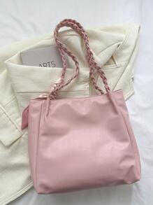 Solid Color Minimalist Large Capacity Braided Straw Shoulder Bag, Lightweight Campus Style Sequin Woven Shoulder Bag - Pink - View 10