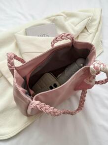 Solid Color Minimalist Large Capacity Braided Straw Shoulder Bag, Lightweight Campus Style Sequin Woven Shoulder Bag - Pink - View 11