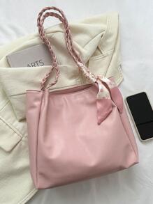 Solid Color Minimalist Large Capacity Braided Straw Shoulder Bag, Lightweight Campus Style Sequin Woven Shoulder Bag - Pink - View 9