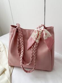 Solid Color Minimalist Large Capacity Braided Straw Shoulder Bag, Lightweight Campus Style Sequin Woven Shoulder Bag - Pink - View 2