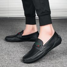 男式撞色拼接縫線細節休閒樂福鞋，休閒戶外黑色樂福鞋 - 黑色 - 查看 2