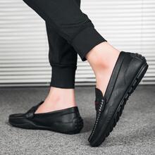 男式撞色拼接縫線細節休閒樂福鞋，休閒戶外黑色樂福鞋 - 黑色 - 查看 3