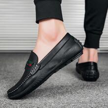 男式撞色拼接縫線細節休閒樂福鞋，休閒戶外黑色樂福鞋 - 黑色 - 查看 4