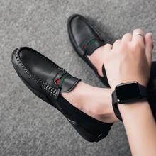 男式撞色拼接縫線細節休閒樂福鞋，休閒戶外黑色樂福鞋 - 黑色 - 查看 5