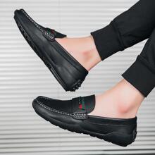 男式撞色拼接縫線細節休閒樂福鞋，休閒戶外黑色樂福鞋 - 黑色 - 查看 6