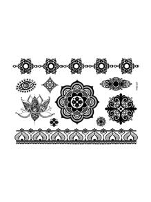 黑色蕾絲&花朵圖案臨時防水持久紋身貼紙 - 黑色 - 查看 3