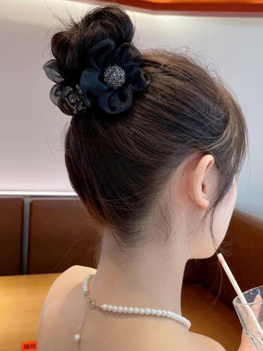 1 件女士水钻和花朵装饰时尚发夹，用于头发装饰优雅、发饰、爪夹、发夹、发夹 - 黑色 - 查看 1