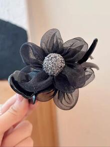 1 件女士水钻和花朵装饰时尚发夹，用于头发装饰优雅、发饰、爪夹、发夹、发夹 - 黑色 - 查看 4