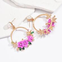 1對甜美可愛耳環金屬質感紋理質感閃亮水鑽人造珍珠琺瑯彩色花花環優雅龐克耳墜適合派對度假畢業日常首飾類 - 玫紅色 - 查看 2