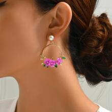 1對甜美可愛耳環金屬質感紋理質感閃亮水鑽人造珍珠琺瑯彩色花花環優雅龐克耳墜適合派對度假畢業日常首飾類 - 玫紅色 - 查看 4