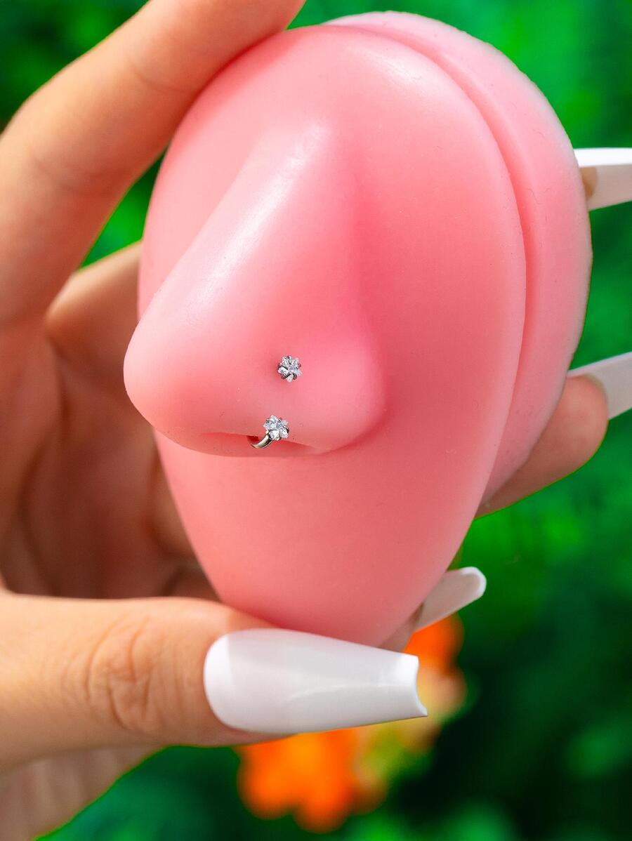 1pc Funky Cubic Zirconia Decor Nose Ring For Women For Gift - Silver - View 1