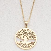Dây chuyền Tree of Life Vòng tròn lớn bằng thép không gỉ dành cho nữ có mặt dây chuyền, trang sức hợp thời trang bùa may mắn, quà tặng tình bạn, trang sức nữ, ý tưởng quà tặng hợp thời trang cho cô ấy - Vàng - Xem 3