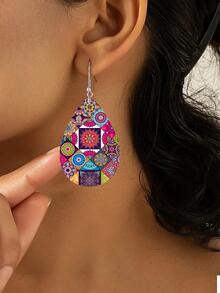 波西米亞風格彩色花聚氨酯皮革懸垂耳環 - 彩色 - 查看 2