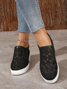 Zapatillas de deporte con plataforma para mujer, zapatos deportivos transpirables de estilo coreano con diseño de bordado de flores, novedad de verano - Negro - Ver 4