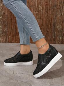 Zapatillas de deporte con plataforma para mujer, zapatos deportivos transpirables de estilo coreano con diseño de bordado de flores, novedad de verano - Negro - Ver 3