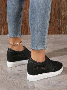 Zapatillas de deporte con plataforma para mujer, zapatos deportivos transpirables de estilo coreano con diseño de bordado de flores, novedad de verano - Negro - Ver 5