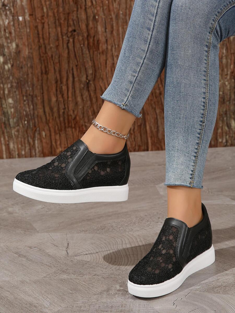 Zapatillas de deporte con plataforma para mujer, zapatos deportivos transpirables de estilo coreano con diseño de bordado de flores, novedad de verano - Negro - Ver 1