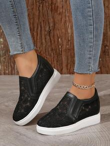 Zapatillas de deporte con plataforma para mujer, zapatos deportivos transpirables de estilo coreano con diseño de bordado de flores, novedad de verano - Negro - Ver 2