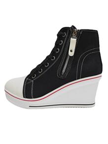 黑色側邊拉鍊7厘米高跟坡跟厚底高幫運動鞋 - 黑色 - 查看 3