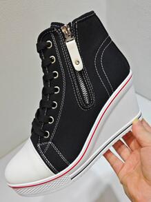 黑色側邊拉鍊7厘米高跟坡跟厚底高幫運動鞋 - 黑色 - 查看 4
