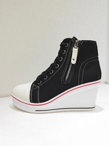 黑色側邊拉鍊7厘米高跟坡跟厚底高幫運動鞋 - 黑色 - 查看 5