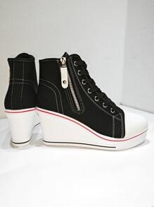 黑色側邊拉鍊7厘米高跟坡跟厚底高幫運動鞋 - 黑色 - 查看 6