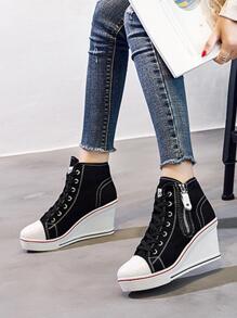 黑色側邊拉鍊7厘米高跟坡跟厚底高幫運動鞋 - 黑色 - 查看 1