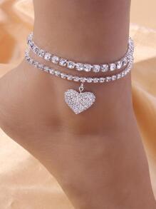 2入組時尚可愛雙層心形水鑽踝,合適的適用於約會 - 銀色 - 查看 1