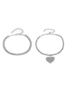 2入組時尚可愛雙層心形水鑽踝,合適的適用於約會 - 銀色 - 查看 2