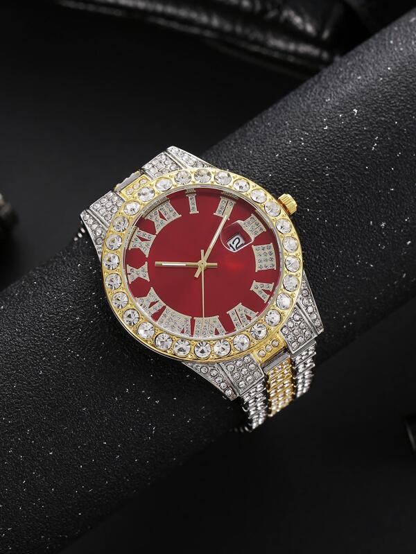 Men Rhinestone Decor Round Pointer Date Quartz Watch