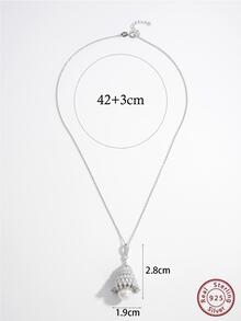 1 件时尚纯银人造珍珠装饰方晶锆石几何吊坠项链适合女性赠送朋友