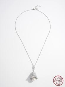 1 件时尚纯银人造珍珠装饰方晶锆石几何吊坠项链适合女性赠送朋友