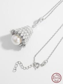 1 件时尚纯银人造珍珠装饰方晶锆石几何吊坠项链适合女性赠送朋友