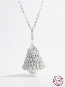 1 件时尚纯银人造珍珠装饰方晶锆石几何吊坠项链适合女性赠送朋友