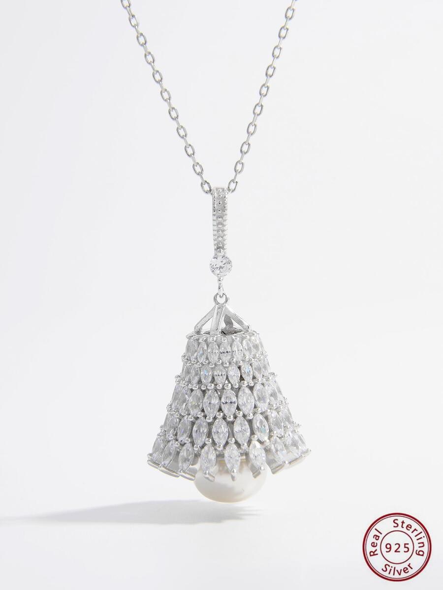 1 件时尚纯银人造珍珠装饰方晶锆石几何吊坠项链适合女性赠送朋友