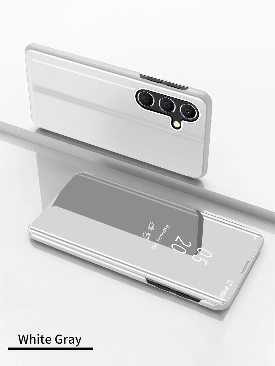 Flip Leather Mirror Case Compatible With Apple Iphone 11/12/13/14/15promax, Xiaomi, Redmi Note 13/12, Samsung Galaxy S22/S23/S24u/A14/A24/A34/A35/A54/A55 Etc. - Silver - View 1