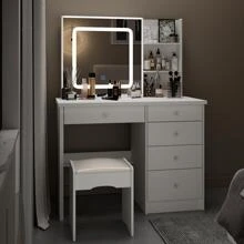ECACAD 39.4" Modern Vanity Set With Mirror And Lights Makeup Dressing Table With Drawers White - With Light - View 2