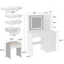 ECACAD 39.4" Modern Vanity Set With Mirror And Lights Makeup Dressing Table With Drawers White - With Light - View 7