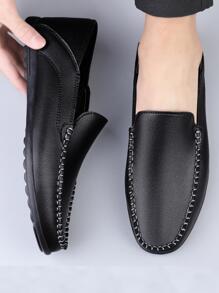 男士縫線細節休閒樂福鞋，休閒戶外黑色樂福鞋 - 黑色 - 查看 4