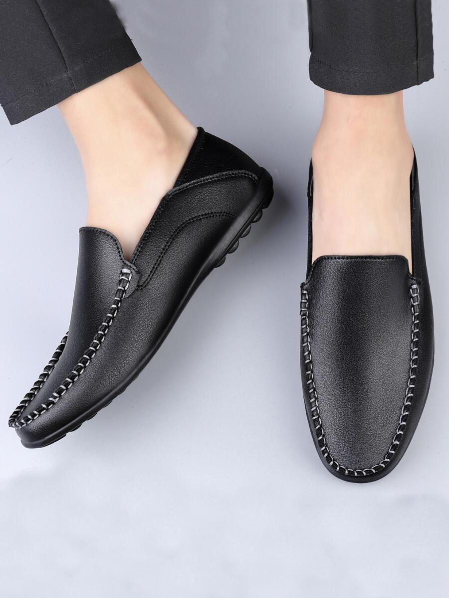 男士縫線細節休閒樂福鞋，休閒戶外黑色樂福鞋 - 黑色 - 查看 1