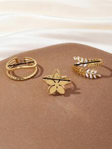 3pcs Gold Color Yellow Stainless Steel Wheat Ears Leaves/Flower, Simple Ladies Ring Set Valentines,Mom,Mother,Mother's Day,Gift - Yellow Gold - View 4